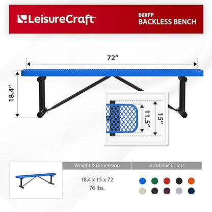 Leisure Craft Metal Outdoor Bench - 6 Foot Heavy Duty Backless Bench Seating for Garden, Porch, Picnic, Park, Expanded Metal, Thermoplastic Coating, Commercial Grade Furniture Made in USA - Blue
