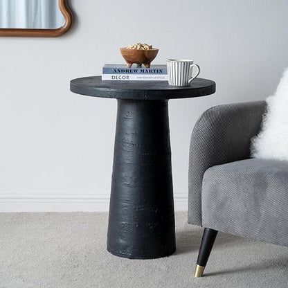 Faux Stone Side Table Round End Table Patio Small Drink Table for Small Spaces, Modern Circle Pedestal End Tables Nightstand for Living Room Bedroom Corners Office (Black)