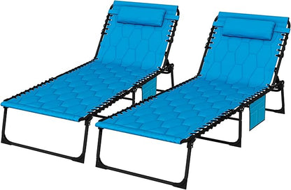Outsunny Padded Folding Chaise Lounge Chair Outdoor Set of 2, 5-Level Reclining Patio Loungers, Tanning Chairs with Side Pocket, Headrest and Carrying Handle for Beach, Yard, Patio, Sky Blue