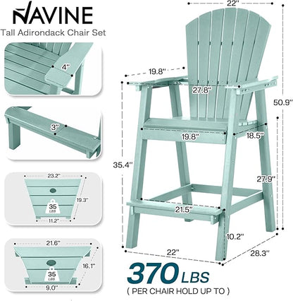 Tall Adirondack Chairs Set of 2, HDPE Balcony Chair with Double Connecting Tray, Weather Resistant Outdoor Adirondack Bar Stools for Patio, Deck, Patio, Backyard, Balcony.(Lake Blue)