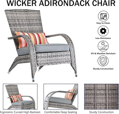 Outdoor Wicker Adirondack Chairs Set 2 Rattan Fire Pit Chairs Oversized Comfy Relax Accent Patio Chairs with Soft Cushion Low Deep Seating Tall Curved Backrest for Outside Backyard Deck Porch Grey