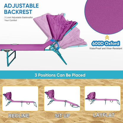 Northroad Beach Lounge Chair with Canopy Shade, Adjustable 4 Position Foldable Tanning Chair, Outdoor Heavy Duty Chaise Lounge Chair, for Poolside Patio Sunbathing Lawn, UPF 50+, Purple