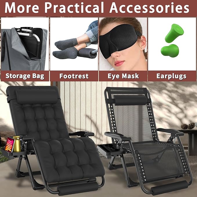 Oversized Zero Gravity Chair with Cushion XXL, 33In Padded Lounge Chair, Recliner Camping Chair W/Full-Alu Alloy Lock - Photo 4