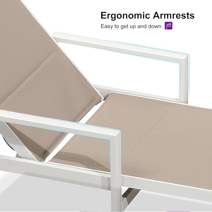 PURPLE LEAF Outdoor Chaise Lounge Adjustable Sunbathing Recliner with Armrest Khaki 2 Sets - Photo 5
