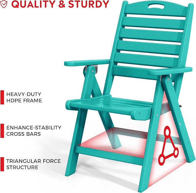 Costaelm Outdoor Adjustable Highback Folding Patio Dining Chair, HDPE Armrest Poly Lumber Restaurant Bistro Dining Chair for Outside Porch Backyard Garden, Turquoise
