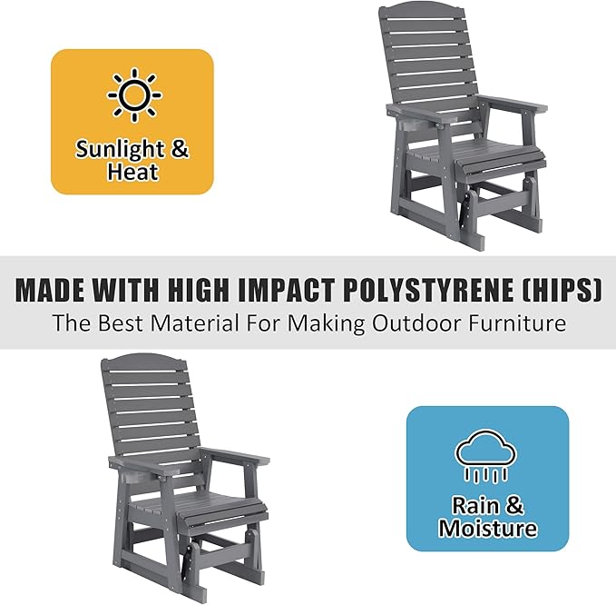 Poly Lumber Patio Glider for One Person, with Cup Holders, High Backrest and Deep Contoured Seat, HIPS Material - Photo 5