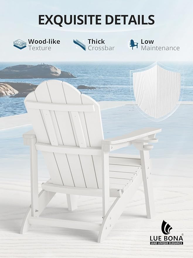 LUE BONA HDPE Adirondack Chair Set of 1 - Weather Resistant Outdoor Seating with Cup Holder for Porch, Poolside - Photo 5