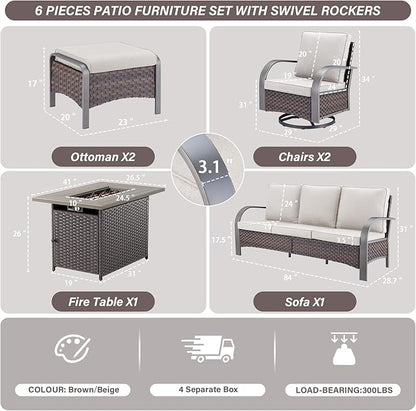 Belord Patio Furniture Set with Fire Pit Table - 50000 BTU Propane Fire Pit, 6 Piece Outdoor Conversation Furniture Sets with 2 Swivel Rocker Chair Rattan Sofa Perfect for Casual Gathering