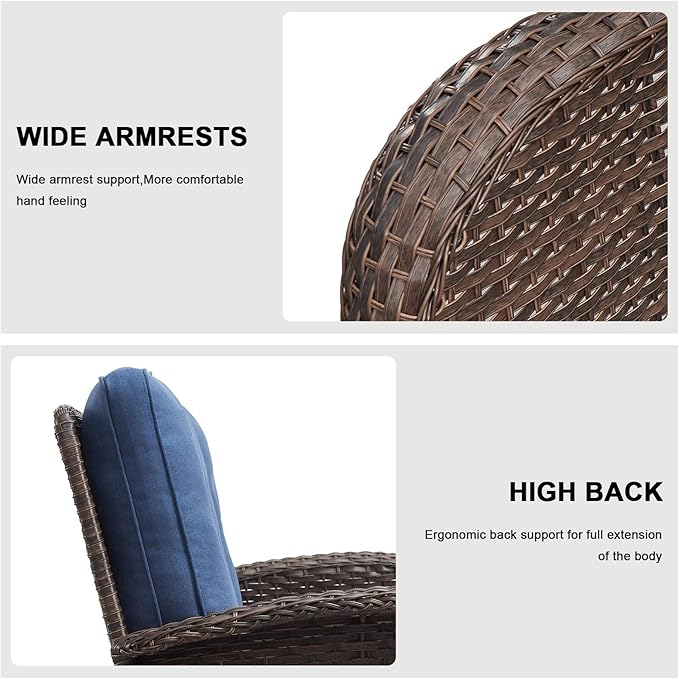 Belord Outdoor Patio Furniture - Wicker Sofa with Removable Cushion, 3 Seater Rattan Couch with Deep Seat, High Backrest, All-Weather for Balcony, Deck, Backyard, Brown/Blue