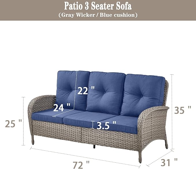Belord Outdoor Patio Furniture - Wicker Sofa with Removable Cushion, 3 Seater Rattan Couch with Deep Seat, High Backrest, All-Weather for Balcony, Deck, Backyard, Gray/Blue