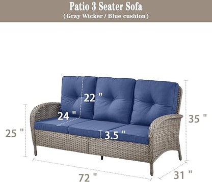 Belord Outdoor Patio Furniture - Wicker Sofa with Removable Cushion, 3 Seater Rattan Couch with Deep Seat, High Backrest, All-Weather for Balcony, Deck, Backyard, Gray/Blue