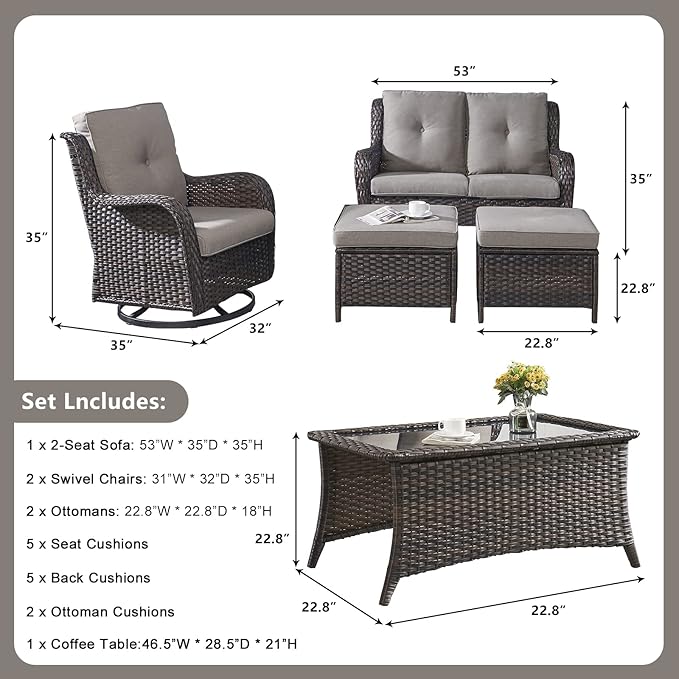 Rilyson Wicker Patio Furniture Set - 6 Piece Rattan Outdoor Sectional Conversation Sets with 2 Swivel Rocking Chairs - Photo 2