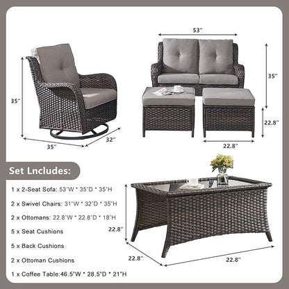 Rilyson Wicker Patio Furniture Set - 6 Piece Rattan Outdoor Sectional Conversation Sets with 2 Swivel Rocking Chairs,2 Ottomans,1 Loveseat and 1 Coffee Table for Porch Deck Garden(Brown/Grey)