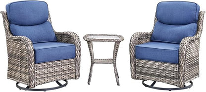 Luxury Outdoor Swivel Rocker Patio Chairs Set of 3, High Back Swivel Patio Chairs with Side Table & 6-Inch Thick Cushions, Wicker Outdoor Bistro Set for Porch, Yard, Deck, Poolside, Grey/Blue