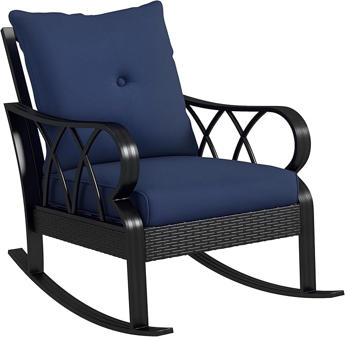 Outsunny Outdoor Wicker Rocking Chair with Padded Cushions, Aluminum Furniture Rattan Porch Rocker Chair w/Armrest for Garden, Patio, and Backyard, Navy Blue