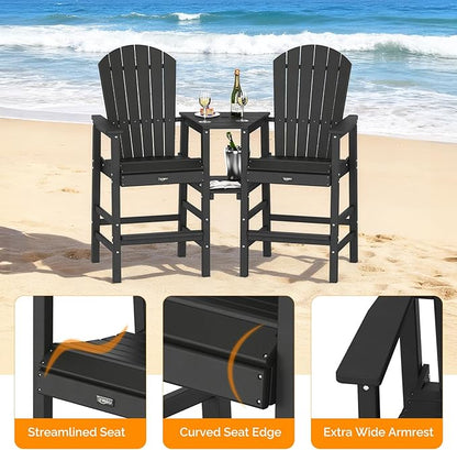 VINGLI Tall Adirondack Chairs Set of 2 with Dual Trays, All-Weather HDPE Outdoor BarStools Poly Deck Chairs for Patio, Poolside and Balcony (Black)