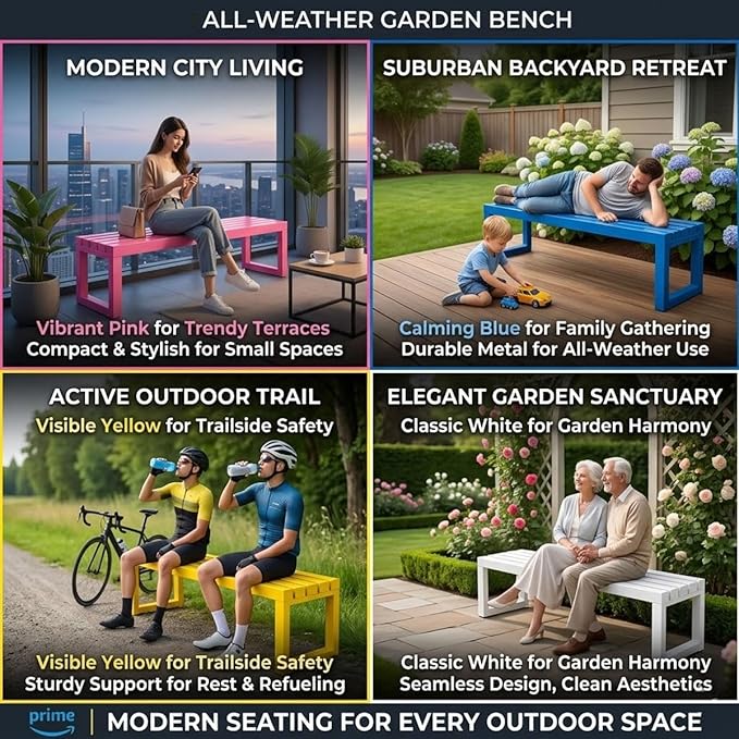 Weatherproof Outdoor Garden Bench, Heavy Duty Metal Bench, Galvanized Steel Backless Patio Benches, 3.3ft 3.9ft 4.9ft 5.9ft All Weather 2-Person Front Porch Seat for Yard Backyard(Coffee,3.3ft)