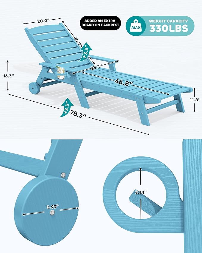 SERWALL Patio Chaise Lounge Chair, 78'' Long HDPE 5 Positions Adjustable Outdoor Lounger - Photo 3