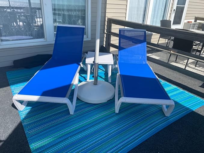 Domi Outdoor Chaise Lounges, Adjustable Aluminum Patio Lounges, Plastic Pool Lounge Chairs for Deck Lawn Backyard(2 Blue Lounges W/Table)