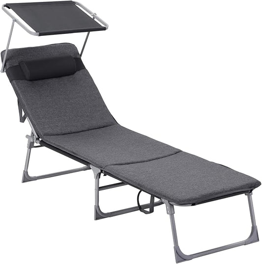 SONGMICS Sun Lounger, Patio Chaise Lounge Chair, Folding, with Canopy, Cushion, 76 x 20.9 x 11.4 Inches, Holds 330 lb, Headrest, Adjustable Backrest, Outdoor Garden Pool, Dark Gray UGCB19UMV1