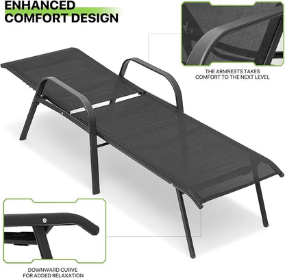 Magshion Outdoor Chaise Lounge Chair Set of 2, Patio Pool Lounger Chairs with 5 Position Adjustable Backrest, Tanning Recliner for Sunbathing, Beach, Deck, Lawn, Yard, Balcony, Poolside, Black