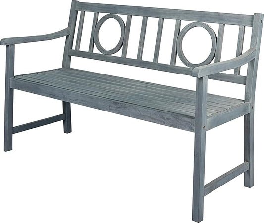 Eyely HNB104B Giana 51.2" 3-Seat Circle-Back 600-Lbs Support Acacia Wood Outdoor Garden Patio Bench for Garden, Lawn, Backyard, Pool, Deck, Beach, Firepit, Gray