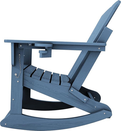 KINGYES Adirondack Rocking Chair Set of 4 with Retractable Ottoman and Cup Holders, HDPE Adirondack Rocker Patio Rocking Chair for Porch, Patio, Balcony, Deep Blue