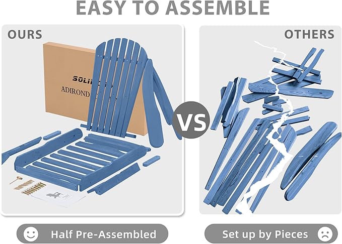 SoliWood Outdoor Wooden Folding Adirondack Chair Set of 6 with Pre-Assembled BackRest, Wood Patio Chair for Garden Backyard Porch Pool Deck Firepit