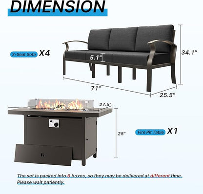 Gotland Aluminum Patio Furniture Set with Fire Pit Table, Metal Patio Furniture with 12 Seats Waterproof 5.1'' Seat Cushions, Oversized Outdoor Sectional Conversation Sets for Balcony Porch Black