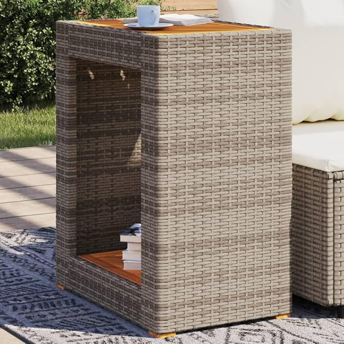 vidaXL Modern Grey Garden Side Table with Wooden Top 23.6x15.7x29.5 in Poly Rattan and Steel Frame Weather Resistant - Photo 2