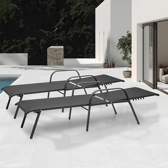 MoNiBloom Outdoor Black Lounge Chairs Set of 2, 5 Levels Adjustable Backrest Pool Lounge Chairs Breathable All Weather Metal Frame Sunbathing Recliner for Patio, Beach, Yard, Pool, 350 Lbs Capacity