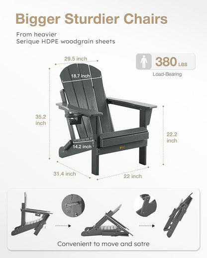 Folding Adirondack Chair, Patio Chair Wood Texture, Outdoor Chair Weather Resistant, Fire Pit Chair with Cup Holder, Composite Adirondack Chair Set of 4 (Grey)