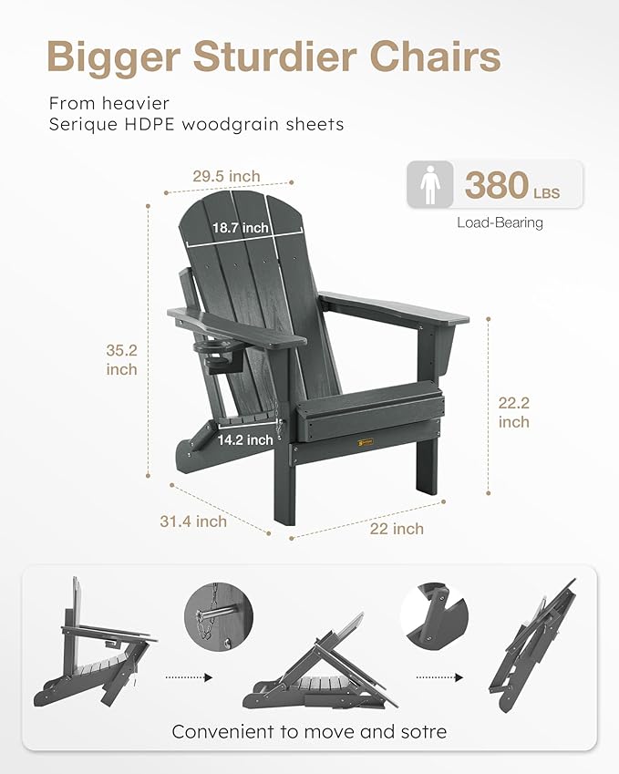 Folding Adirondack Chair Wood Texture, Patio Chairs Weather Resistant, Outdoor Chair, Lawn Chair with Cup Holder, Fire Pit Chair for Deck, Outdoor, Porch, Backyard (Grey)