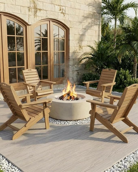 Folding Adirondack Chair with Retractable Ottoman Weather Resistant Fire Pit Chair Patio Chair with 2 Cup Holder Lawn Outdoor Lounge Chair (Teak)