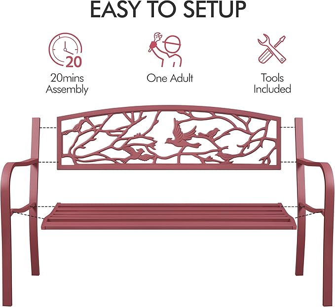 Yaheetech Outdoor Garden Bench Patio Furniture Chair Outdoor with Vintage Bird Pattern Backrest, Slatted Seat, Antique Metal Bench for Yard & Porch & Park, Red
