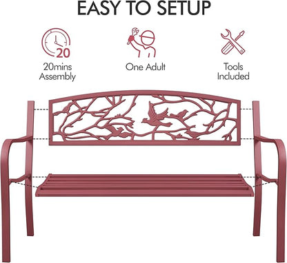 Yaheetech Outdoor Garden Bench Patio Furniture Chair Outdoor with Vintage Bird Pattern Backrest, Slatted Seat, Antique Metal Bench for Yard & Porch & Park, Red