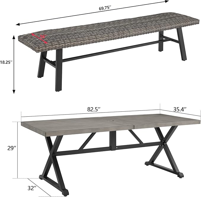 Ulax furniture Outdoor Dining Set Umbrella Hole, Patio Furniture Table Chair with 1 Rectangular Table and 2 Wicker Benches, All-Weather Resistant Outdoor Dining Set