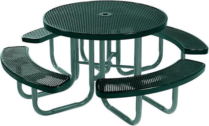 COATEDOUTDOORFURNITURE Heavy-Duty Portable Outdoor Picnic Table with Umbrella Hole, Punched Steel Commercial-Grade Patio Furniture Made in America (46" Round Top, Dark Green with Dark Green Frames)