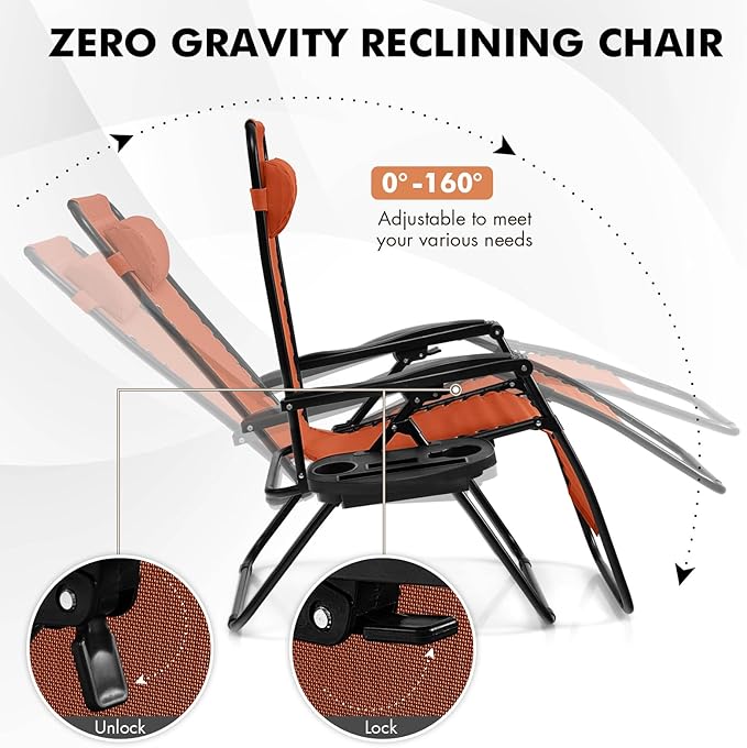Giantex 2 PCS Zero Gravity Chair, Outdoor Chaise Lounge with Cup Holder, Patio Folding Chairs Recliner for Yard Pool Lawn Balcony, Orange