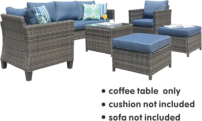 ovios Outdoor Patio Coffee Table with Tempered Glass Top Wicker Side Tables for Garden Porch Yard Deck Balcony, Grey Rattan