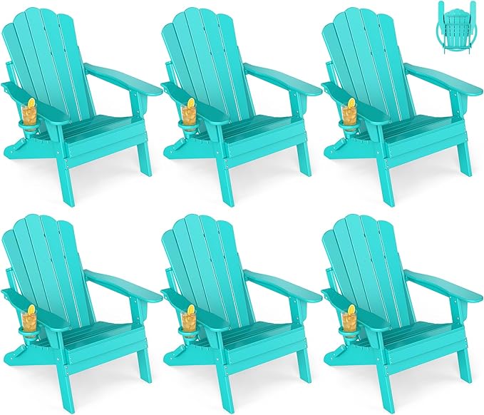 GREENVINES Oversized-Folding-Adirondack-Chairs-Set-of-6 | HDPE Plastic | Cup Holder | Fire Pit Chair | All Weather | for Outdoor Deck Backyard | Aqua