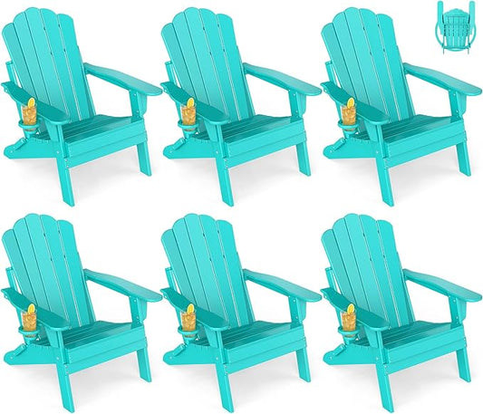 GREENVINES Oversized-Folding-Adirondack-Chairs-Set-of-6 | HDPE Plastic | Cup Holder | Fire Pit Chair | All Weather | for Outdoor Deck Backyard | Aqua