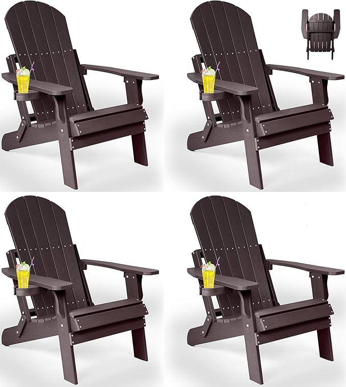 Folding Adirondack Chairs Set of 4, All Weather Resistant Plastic Chair with Cup Holder, Fold or Unfold Easily in 1 Second, Outdoor Chairs for Patio, Garden, Backyard Deck, Lawn Fire Pit(Brown)