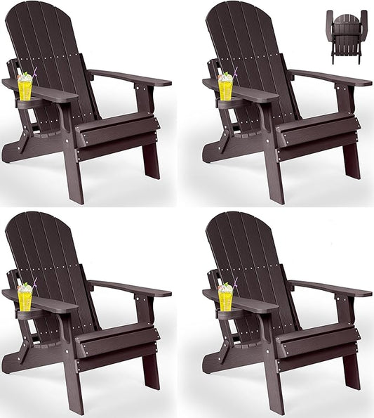 Folding Adirondack Chairs Set of 4, All Weather Resistant Plastic Chair with Cup Holder, Fold or Unfold Easily in 1 Second, Outdoor Chairs for Patio, Garden, Backyard Deck, Lawn Fire Pit(Brown)