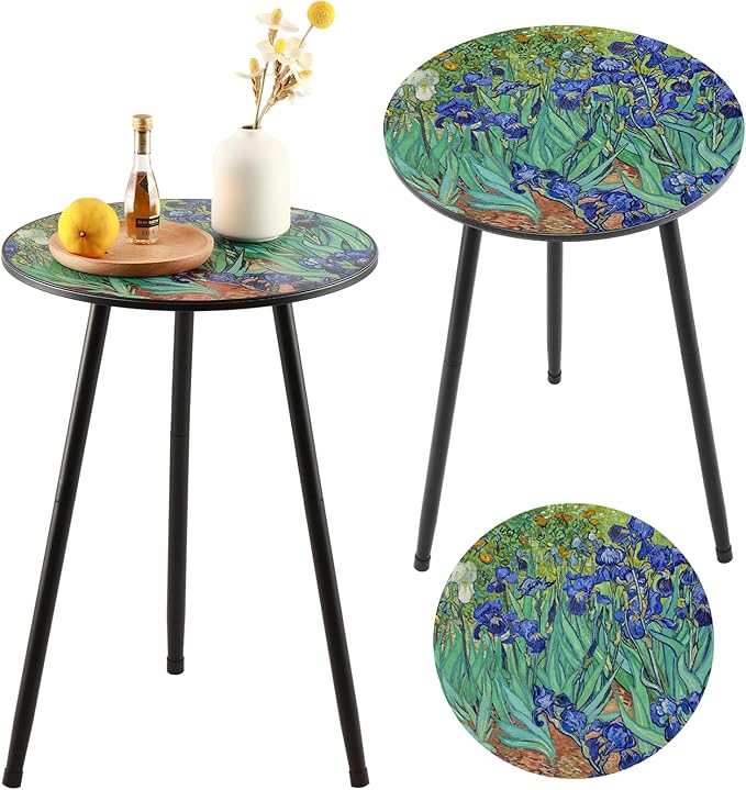 2 Packs Metal Outdoor Side Table Irises Patio Side Tables for Outside Small End Tables Round Patio Coffee Table Plant Stand for Balcony, Indoor, Bedroom, Living Room, Small Space