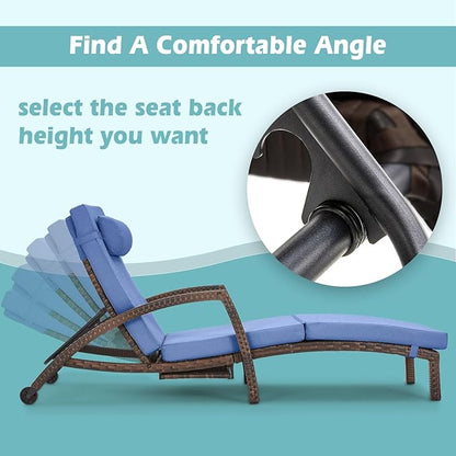 Chaise Lounge Chairs Outdoor Set of 6, Comfy Outside Wicker Patio Pool Lounge Chair w/ 5 Adjustable Back Angle, Cup Holder, Thicken Cushion