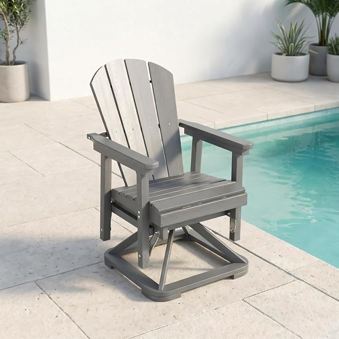 HDPE Swivel Glider Chair Outdoor, Weather Resistant Adirondack Outside Rocking Chair, Wooden Textured Outdoor Swivel Chair for Porch, Balcony, Poolside, Backyard (Grey)