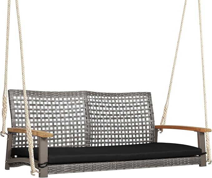 RELAX4LIFE 2-Seater Outdoor Porch Swing - Patio PE Rattan Hanging Swing Bench with Seat Cushion and Strong Hanging Ropes - Photo 1