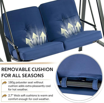 AECOJOY Outdoor Patio Swing Chair for Adults, 2-Seat Porch Swings with Adjustable Canopy, Outside Swing Bench with Removable Cushion, Suitable for Backyard, Garden, Yard, Poolside, Balcony (Blue)