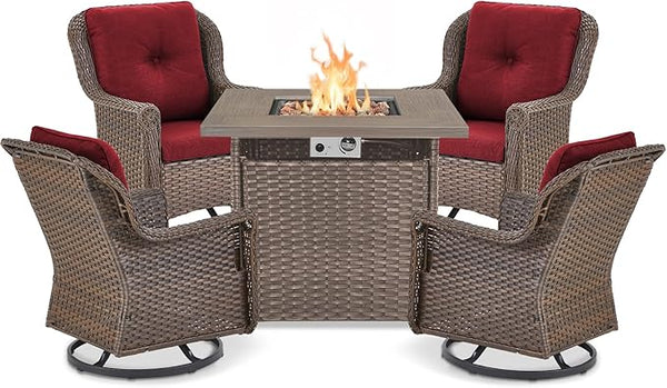 Outdoor Patio Swivel Gliders with Fire Pit Table 5 Piece Set - High Back Brown Wicker Rattan Rocking Chair with Thick - Photo 1